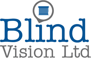 Logo for Blind Vision Ltd, blue text with a gray tagline. Features a graphic of a blind inside a location pin.